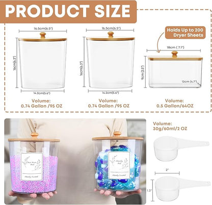 COAZEX 3 Pack Laundry Powder Container & Dryer Sheet Holder, Large Plastic Laundry Room Organization and Storage Jars with Lids, Labels & Scoops for Powder, Detergent, Scent Booster