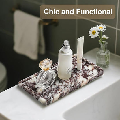 Natural Marble Vanity Tray - Moujings Genuine Marble Perfume Tray for Bathroom Decor, Stone Bathroom Vanity Organizer Tray for Kitchen Counter, Candles, Jewelry, Coffee, Makeup, Key