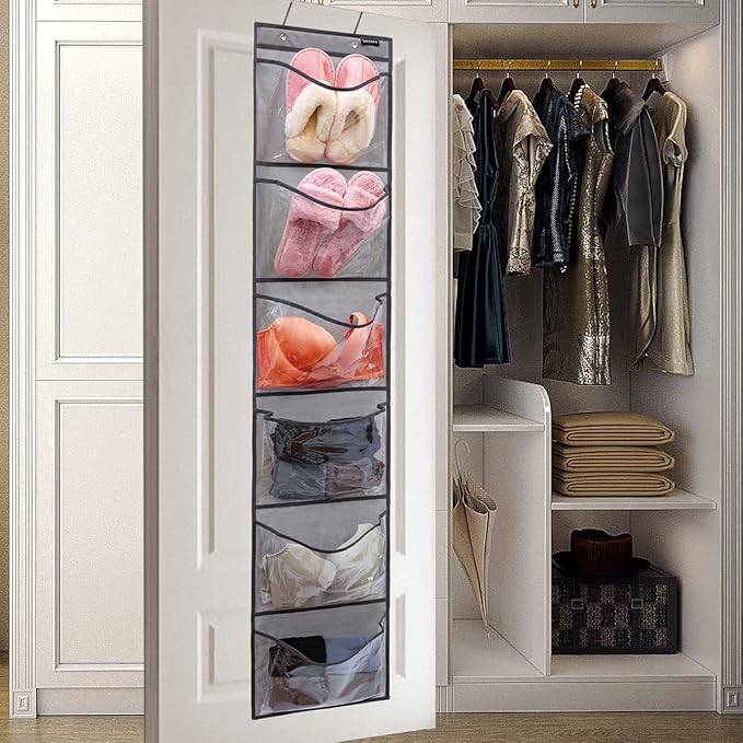 Extra Large Pockets Shoe Organizer for Closet Over The Narrow Door Hanging Shoe Holder Storage (6 Large Pockets-Grey)