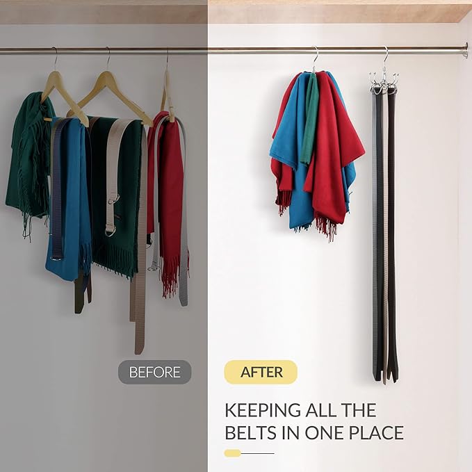 Belt Hanger, Space Saving Belt Organizer for Closet, Max 24 Storage Capacity, Rotating Belt Rack Closet Organizers and Storage for Hanging Belt, Ties, Silver