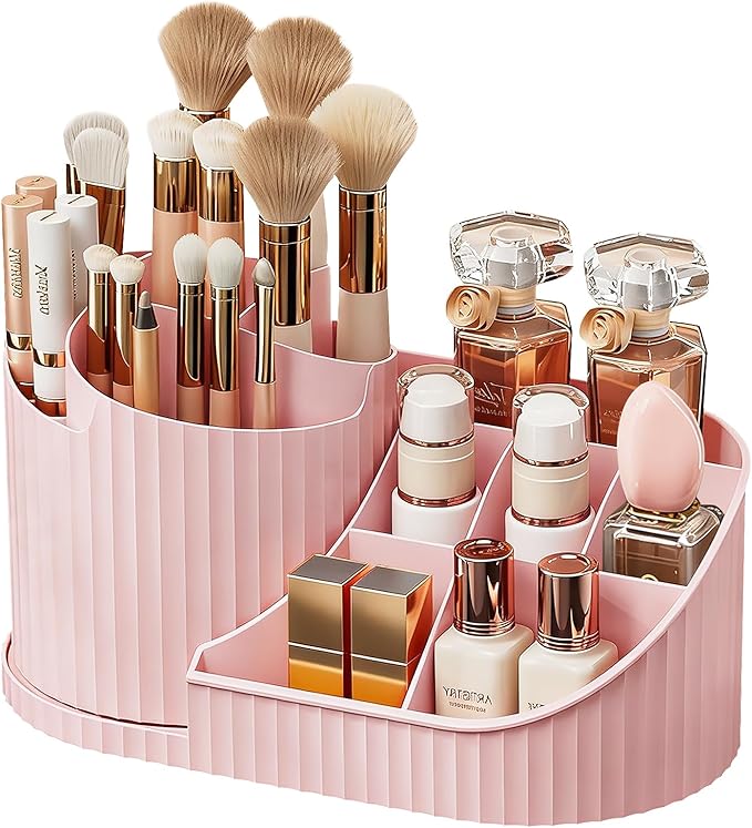 Anyoifax 360 Rotating Makeup Brush Holder Organizer with Divider 5 Slots Make Up Brushes Cup Flower-Shaped Spinning Pen Holder for Vanity, Cosmetics, Lipsticks, Pink
