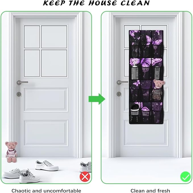 Butterfly Over the Door Organizer Bathroom Hanging Storage Organizer with 12 Mesh Pockets Shoe Rack for Closet Door Easy to Install Hanging Storage Bag for Toys Snacks Shoes