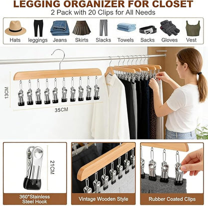 Closet Organizer with 10 Clips, Space Saving Hanging Closet Organizers Adjustable Wooden Legging Organizer for Closet, Stainless Steel Pants Hanger with Clips for Women Men (Brown, 2pcs)