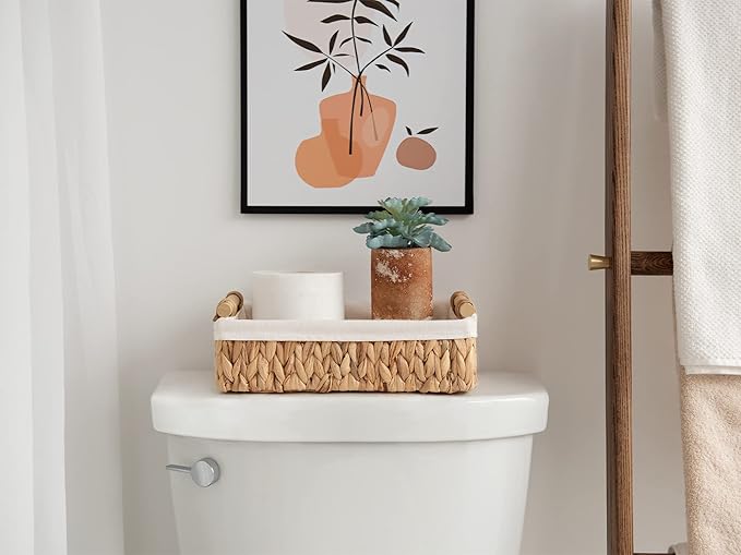 StorageWorks Small Baskets for Organizing, Wicker Bathroom Basket for Toilet Tank Top with Liner, Natural Water Hyacinth, Set of 2