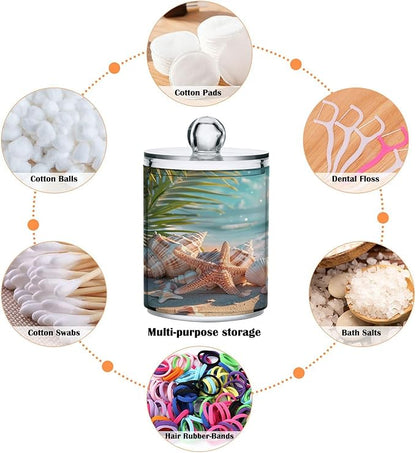 2 Pack Qtip Holder Dispenser Beach Seashell Pattern 10 Oz Bathroom Organizer with Lids Storage Canister for Cotton Ball,Cotton Swab,Cotton Round Pads,Floss