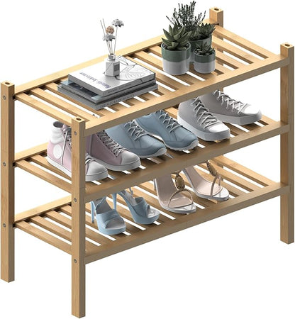 ROMGUAR CRAFT (Thick Bamboo Shoe Rack for Entryway, 3-Tier Free Standing Shoe Racks Stackable Shoe Rack Organizer for Hallway Closet Living Room 27 x12 x21 Inches
