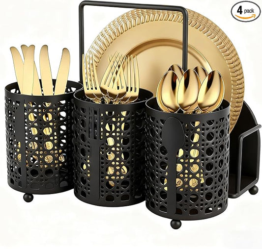 NelyBet Utensil Caddy Silverware Holder Fork Spoon Napkin Paper Plate Organizer Metal Utensil Holder Cutlery Flatware Organizers for Party Kitchen Countertop Camping Picnic - Black Mesh