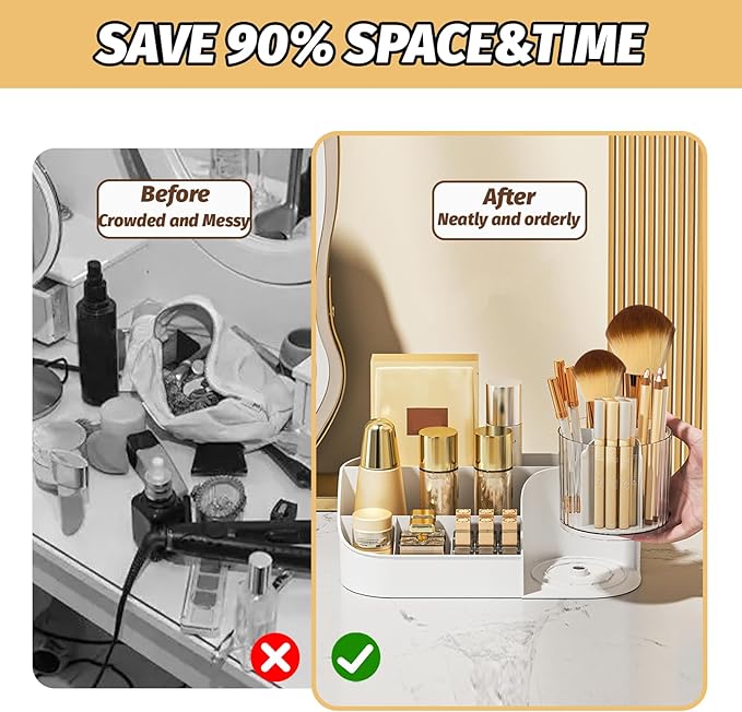 DASITON Large Capacity Makeup Organizer with 360° Rotating Makeup Brush Holder, Perfume and Skincare Storage Organizers for Vanity Bathroom Countertop, Cosmetic Display Case (White, 1 Tier)