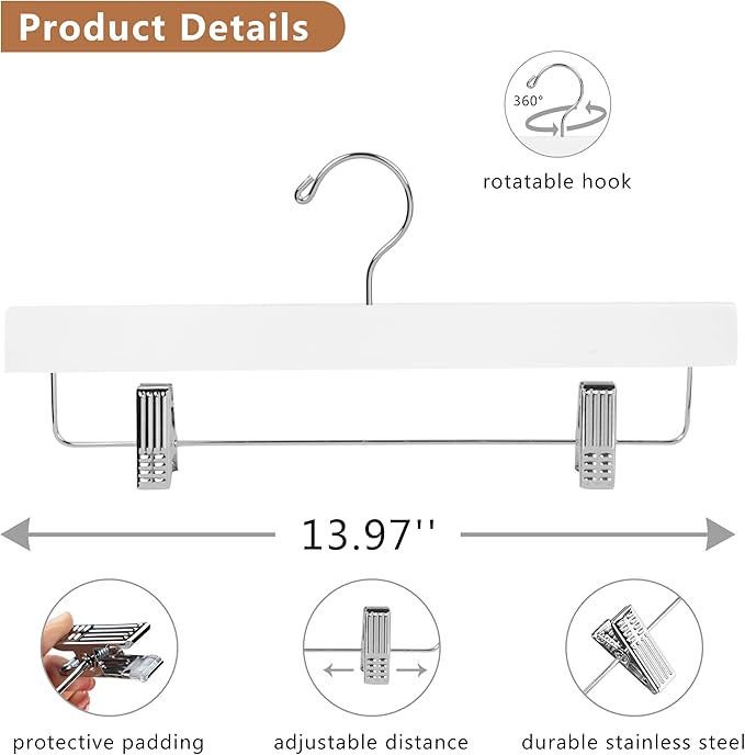 Wooden Pants Hangers, Solid Wood Bottom Jeans Skirt Hanger with 2-Adjustable Clips Anti Rust Hook (10)