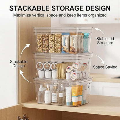 MOONEDGE Small Clear Plastic Storage Bins with Lids and Handles,Stackable Small Item Organizer Containers for Vanity,Craft,Office,Fridge,Kitchen,Pantry,Bathroom,Closet - 4 Pack (10×6×5 in)