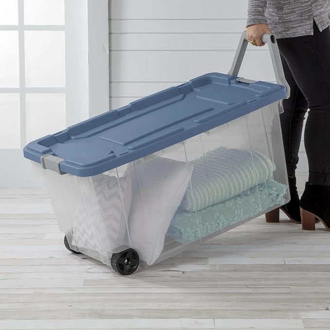 40-Gallon Wheeled Storage Bins (2-Pack) - Heavy Duty Plastic Totes with Lids & Handles - Industrial Garage/Utility Containers for Tools, Camping Gear (36.9" x 21.4") (Clear/Blue)