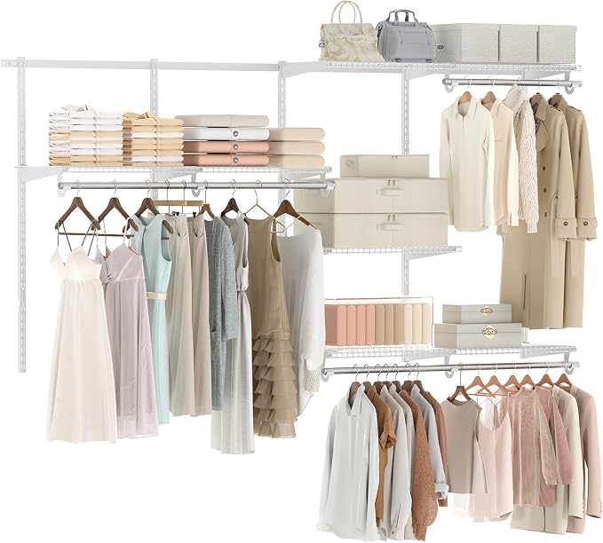 Giantex Closet Organizer System, 4-8 FT Wall-Mounted Closet Shelves and Rod, Adjustable Closet Organization w/ Hanging Rod, DIY Expandable Modular Metal Wire Shelving for Laundry Bedroom (White)