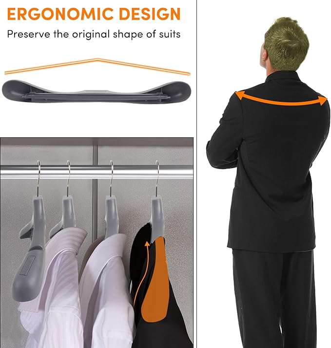 DEDU Suit Hangers for Men 40 Pack, Grey Coat Hangers Extra Wide Non Slip Width 17.7", Thick Plastic with Pants Bar & Metal Hook