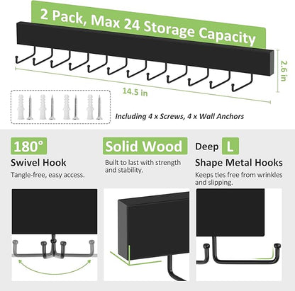 2 Pack Tie Hanger Wall Mounted, Wooden Tie Rack Belt Hanger with 24 Non Slip 180° Rotating Hooks, Belt Organizer Space Saving Tie Hanger for Closet, Tie Holder & Tie Organizer, Black