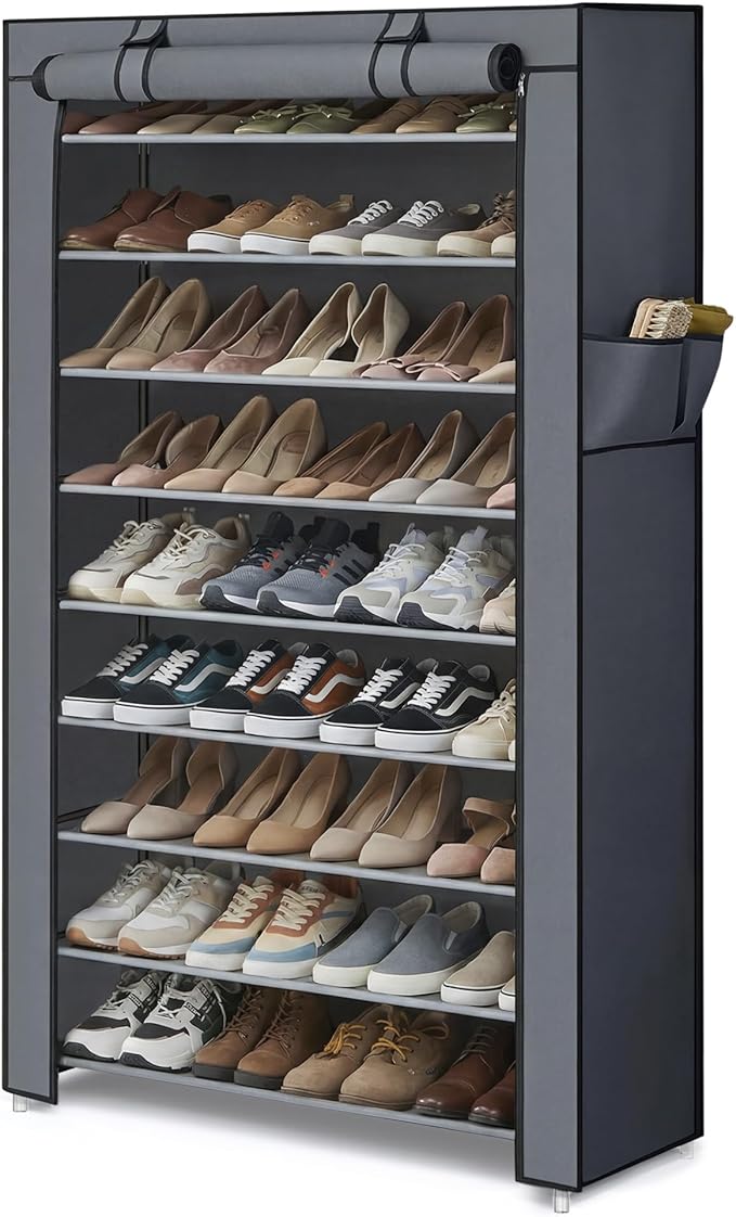 SONGMICS HOME Shoe Rack 10-Tier, Tall Narrow Metal Shoe Organizer with Dust Cover, 11.2 x 33.3 x 63.2 Inches, Vertical Storage Cabinet for Closet Entryway, Gray