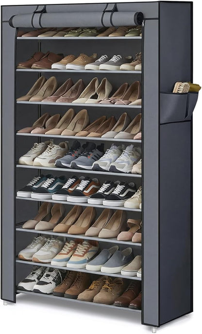 SONGMICS HOME Shoe Rack 10-Tier, Tall Narrow Metal Shoe Organizer with Dust Cover, 11.2 x 33.3 x 63.2 Inches, Vertical Storage Cabinet for Closet Entryway, Gray
