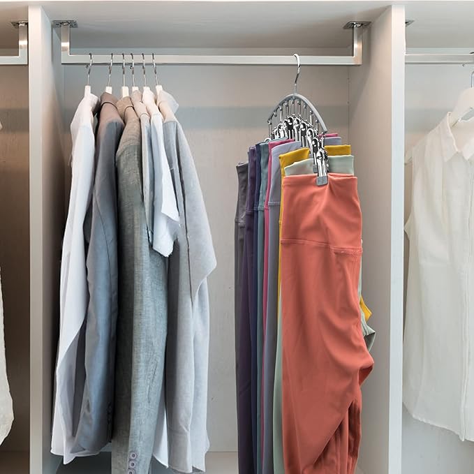 Volnamal Legging Organizer for Closet, Metal Yoga Pants Hanger w/Rubber Coated 2 Pack w/10 Clips Hold 20 Leggings, Hangers Space Saving Hanging Closet Organizer for Closet Organizers and Storage-Grey