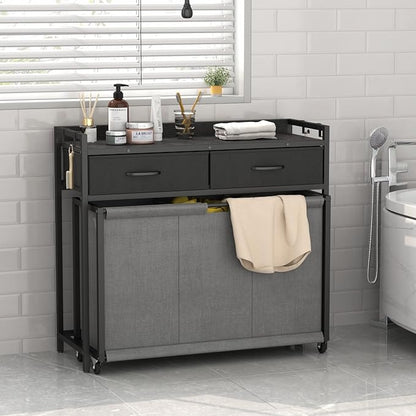 STIKELY Laundry Hamper Laundry Basket with 3 Section Pull-Out Rolling Bags, Laundry Sorter for Organization and Storage with 2 Pull-Out Drawers for Laundry Room, Bathroom, Bedroom Use (Black)