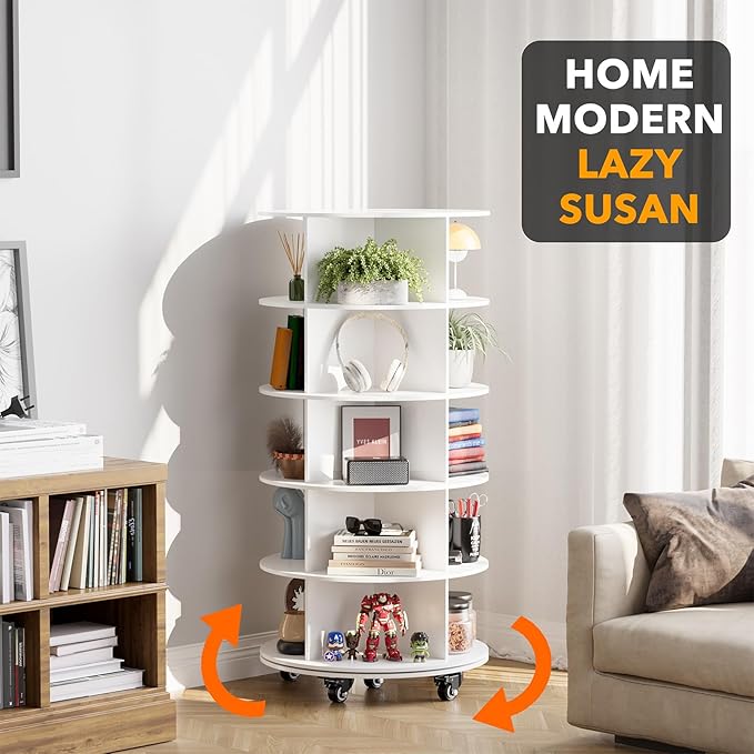 SpaceAid Spinning Shoe Rack with Wheels, 5 Tier Rotating Organizer Shoe Tower Lazy Susan with Thick Bottom, 360 Display Revolving Storage Shelf, Round Circular Rotate Organization, White