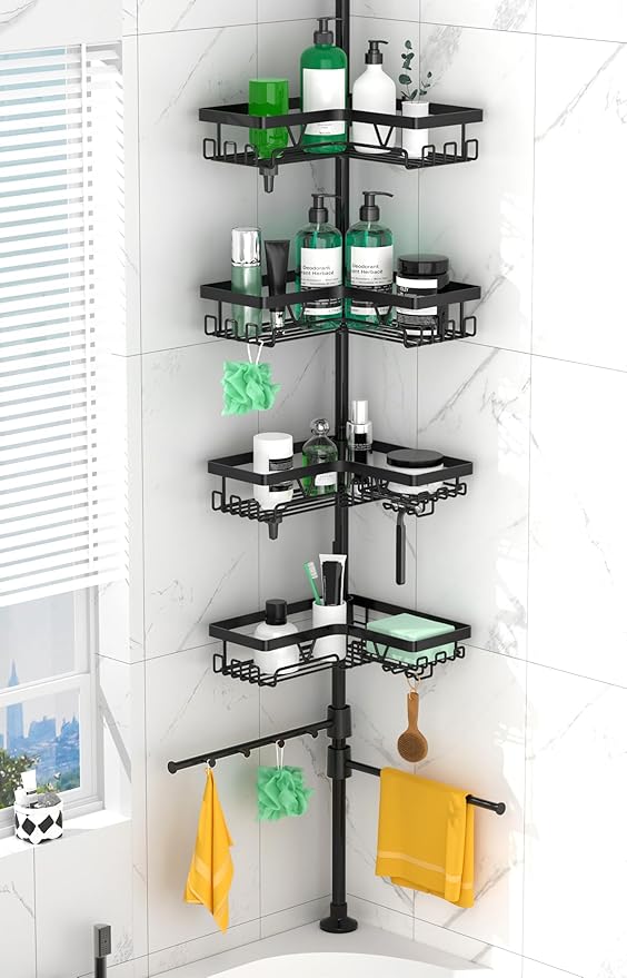 DAOYA Shower Caddy Tension Pole Corner with 4 Removable Baskets & 2 Towel Bar - Expandable Shower Caddy Corner Adjustable 25-114.2 Inches Upgraded Bath Organizer for Tub(Stainless Steel, Black)