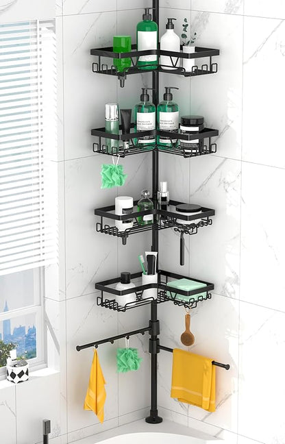 DAOYA Shower Caddy Tension Pole Corner with 4 Removable Baskets & 2 Towel Bar - Expandable Shower Caddy Corner Adjustable 25-114.2 Inches Upgraded Bath Organizer for Tub(Stainless Steel, Black)