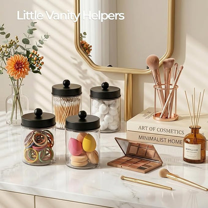 Amolliar Apothecary Jars Bathroom Vanity Organizer -Countertop Canister Jar with Storage Lid - Qtip Dispenser Holder Glass for Qtips,Cotton Swabs,Makeup Sponges,Hair Band- Black (1 Pack)