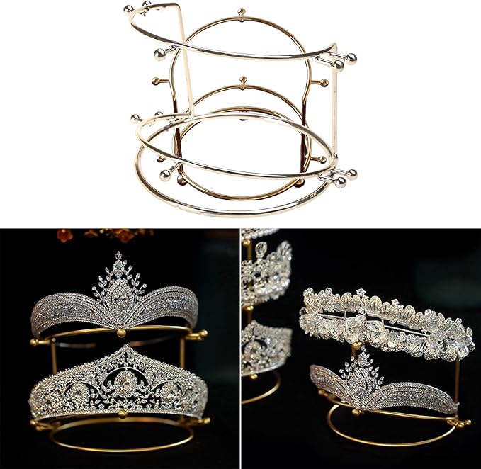 Tiara Crown Headband 2 Layer Display Rack Gold Metal Princess Crown Stand Holder Crystal Headbands Storage Organizer