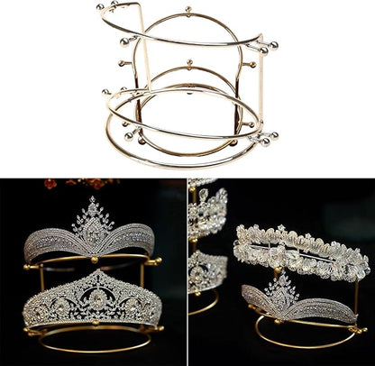 Tiara Crown Headband 2 Layer Display Rack Gold Metal Princess Crown Stand Holder Crystal Headbands Storage Organizer
