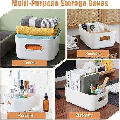 8 Pack White Plastic Storage Bins Multi-Use Small Organizer Bins Containers with Handles for Pantry, Cabinet, Under Sink, Kitchen, Bathroom & Office, 2 Sizes