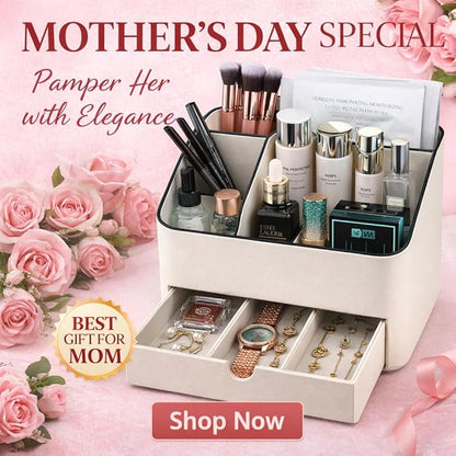 KINGFOM PU Leather Makeup Organizer with Drawer, Skincare Organizer for Vanity, Cosmetic Storage for Dresser Countertop, Beauty Holder for Lipstick Brush Skincare (Ivory White)