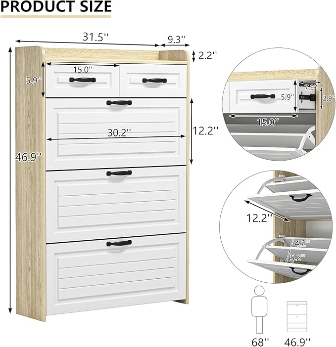 Vibe & Dine Shoe Storage Cabinet with 3 Flip Drawers & 2 Horizontal Drawers, Large Shoe Organizer Cabinet Fits for Kinds of Shoes, Narrow Slim Shoe Rack Cabinet for Entryway, Hallway, Oak
