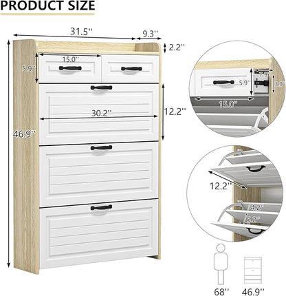 Vibe & Dine Shoe Storage Cabinet with 3 Flip Drawers & 2 Horizontal Drawers, Large Shoe Organizer Cabinet Fits for Kinds of Shoes, Narrow Slim Shoe Rack Cabinet for Entryway, Hallway, Oak
