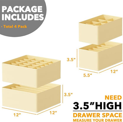 SpaceAid Underwear Drawer Organizer, 4 Pack Dresser Organizer Bins for Nursery, Closet Organization and Storage with Dividers for Baby Clothes Socks Bra Ties Scarf (Beige)