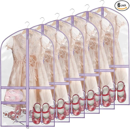 Clear Garment Bags for Dance Costumes, 40” Dance Garment Bags for Dancers, Kids Garment Bag for Dance Competitions with 3 Zipper Pockets, Garment Bags for Hanging Clothes, 6 Pack, Purple