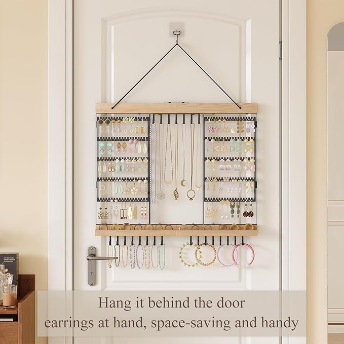 Feyejade Large Rotating Hanging Jewelry Organizer, 5-Tier Earring Holder Storage Holds up to 180 Pairs, Wall Mounted Jewelry Rack for Earrings, Necklaces, Bracelets and Rings, for Girls, Black
