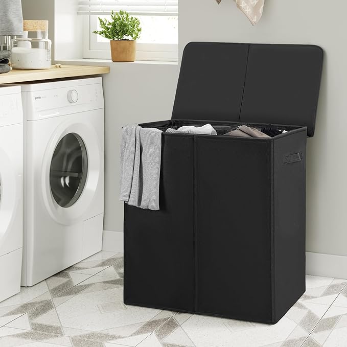WOWLIVE 140L Double Laundry Hamper with Lid and Removable Laundry Bags, Large Dirty Clothes Hamper 2 section Collapsible Laundry Basket Dorm Room Storage for Bedroom, Bathroom, College,Black