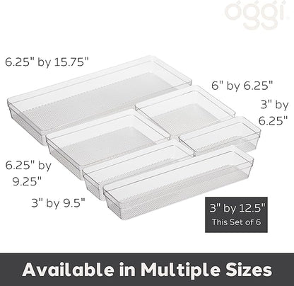 Oggi Clear Drawer Organizer - 3" X 12.5" (Set of 6) - Ideal for Organizing Kitchen Drawers, Office, Desk, Silverware, Kitchen Utensils, Cosmetics and Bathrooms