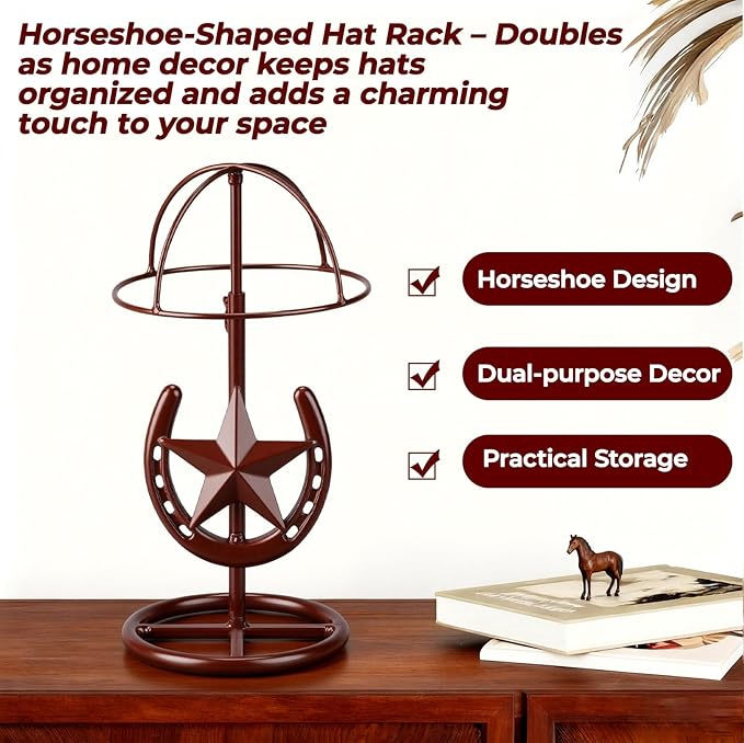 2 Pack Cowboy Hat Rack Stand Cowboy Hat Display Holder with Western Horseshoe Decor Vintage Gifts for Fedoras, Sun Hats, Iron & Bronze, Equestrian Supply(Classic)