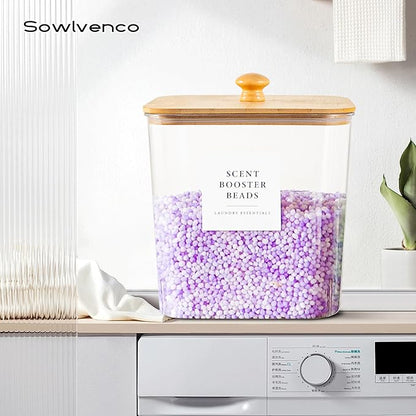 3+1 Pack Laundry Pods Container & Dryer Sheet Holder, Acrylic Square Laundry Room Organization and Storage Jars with Wooden Lids & Labels for Powder, Scent Booster, Detergent