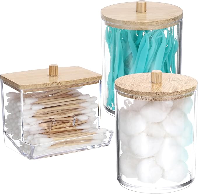 Hipiwe 3 Pack Acrylic Bathroom Apothecary Jar Clear Qtip Holder Dispenser with Lid Plastic Canister Set Bathroom Accessories Storage Organizer for Cotton Round Floss Picks