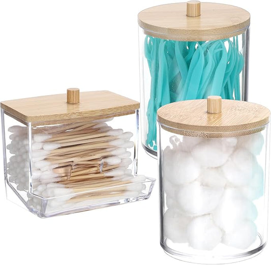 Hipiwe 3 Pack Acrylic Bathroom Apothecary Jar Clear Qtip Holder Dispenser with Lid Plastic Canister Set Bathroom Accessories Storage Organizer for Cotton Round Floss Picks