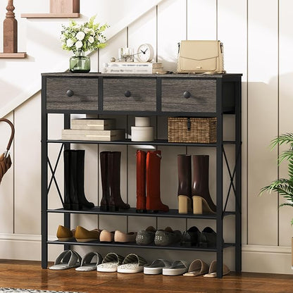 YATINEY 5-Tier Shoe Rack with 3 Drawers, Metal Shoe Organizer for 20 Pairs with Storage Shelves and Wooden Top, for Entryway, Hallway, Foyer, Closet, Charcoal and Black SS35BC