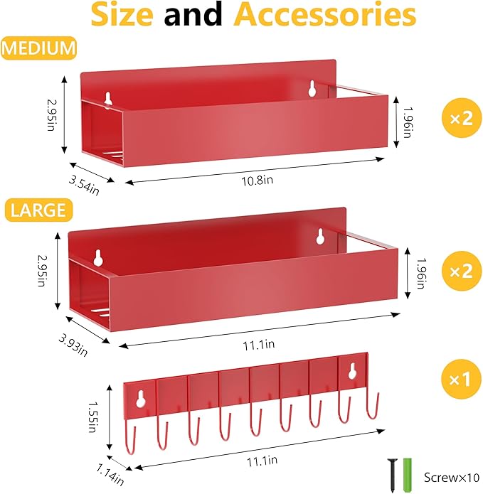 SMRCAD Magnetic Spice Rack Organizer for Fridge Seasoning Organizer for Kitchen storage with Screw Magnetic Shelf with Hook for Refrigerator and Oven (4pack1hook-Red)