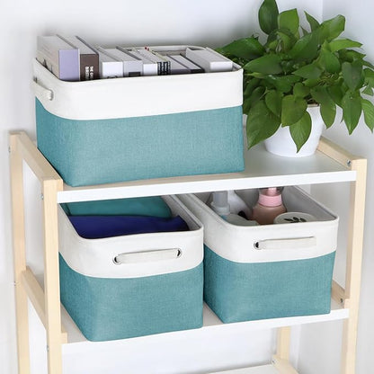 Foldable Storage Bin Collapsible Fabric Storage Basket Cube with Durable Handles Closet Organizer Bins for Organizing Shelves Drawers, Set of 3, 15" x 10" x 9.5", Teal