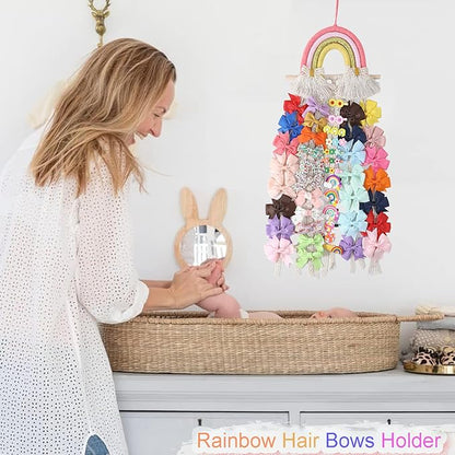 YOcity Bow Holder for Girls Rainbow Hair Bows Organizer for Girls with Lace Ribbon Perfect for Baby Girl Nursery Room Decor (Colorful)