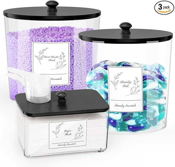 COAZEX 3 Pack Laundry Powder Container & Dryer Sheet Holder, Plastic Laundry Room Organization and Storage Jars with Lids, Labels & Scoops for Powder, Detergent, Scent Booster (Black Lid)