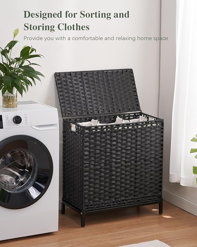 SETVSON Laundry Hamper with Lid 132 L, (35 Gallons) Clothes Hamper with Lid, Handwoven Rattan Laundry Hamper with Metal Heightened Feet, Laundry Hampers with 3 Removable Liner Bags for Laundry-Black