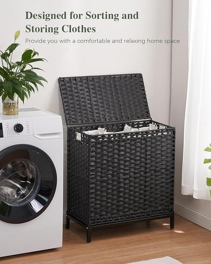 SETVSON Laundry Hamper with Lid 132 L, (35 Gallons) Clothes Hamper with Lid, Handwoven Rattan Laundry Hamper with Metal Heightened Feet, Laundry Hampers with 3 Removable Liner Bags for Laundry-Black
