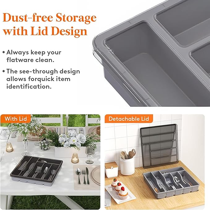 Organizer with Lid, 6 Compartments Covered Utensil Tray for Kitchen Drawer and Countertop, Plastic Cutlery and Flatware Storage Box for Spoons Forks Knives Holder Case, Grey
