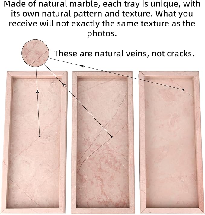 Marble Bathroom Vanity Tray, Natural Luxury Vanity Home Kitchen Bathroom Table Tray, Stone Decorative Countertop Dresser Trays for Key Coffee Perfume Jewelry Makeup (Pink/Cream Rose, 12"x 5" x1.2")